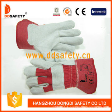 Cow Split Leather Gloves with Full Palm Red Cotton Drill Back Gloves